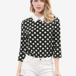 Polka Dots Contrast Peter Pan Collar Top 3/4 Sleeve Blouse Shirt Black/S - Allegra K catalog