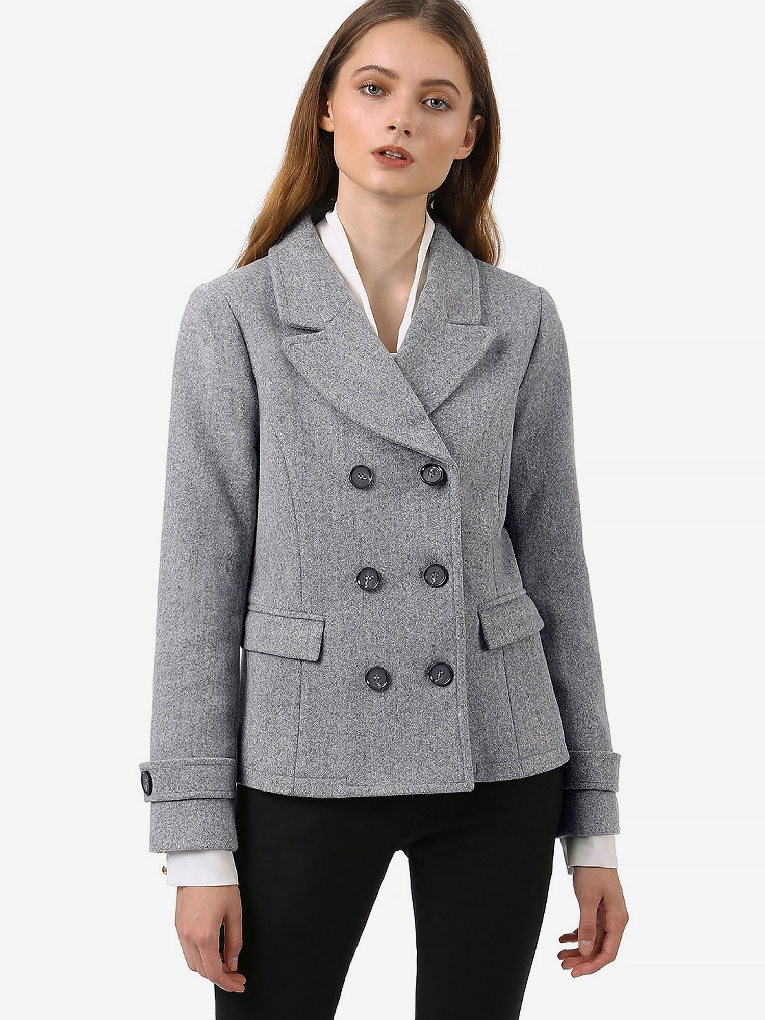 Winter Notched Lapel Double Breasted Short Pea Coat Grey/XS - Allegra K catalog