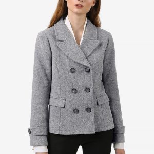 Winter Notched Lapel Double Breasted Short Pea Coat Grey/L - Allegra K catalog