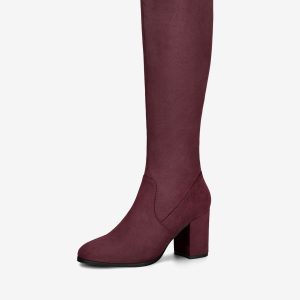 Side Zipper Faux Suede Chunky Heel Knee High Boots Burgundy/6 - Allegra K catalog
