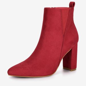 Pointed Toe Zipper Block Heel Ankle Chelsea Boots Red/9 - Allegra K catalog