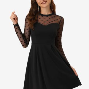 Heart Mesh Sheer Long Sleeve Gothic Cocktail Skater Mini Dress Black/XL - Allegra K catalog