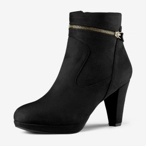 Faux Suede Round Toe Ankle Mid Block Heel Boots Black/7.5 - Allegra K catalog