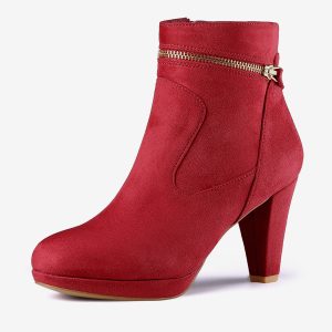 Faux Suede Round Toe Ankle Mid Block Heel Boots Red/9 - Allegra K catalog