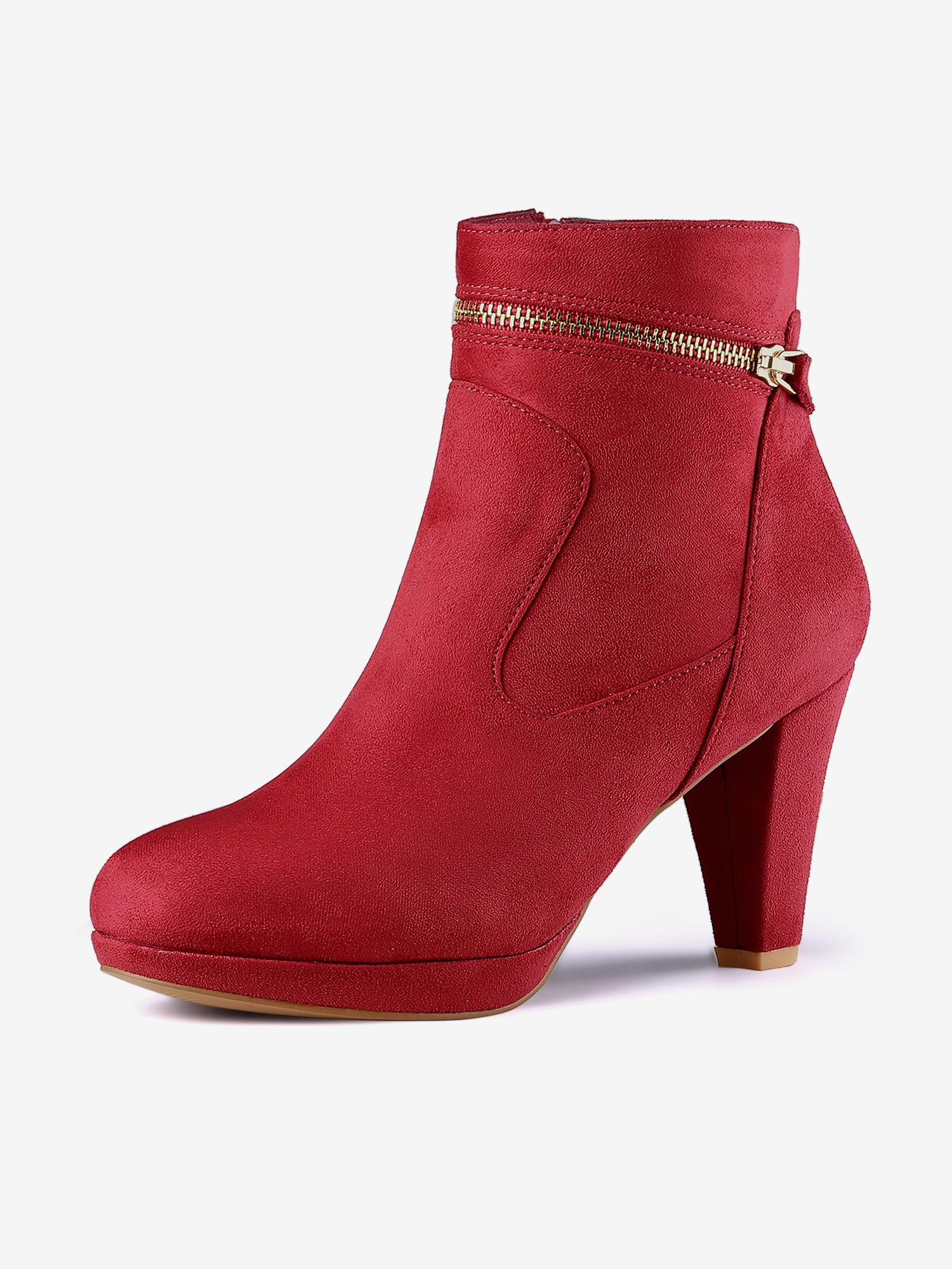 Faux Suede Round Toe Ankle Mid Block Heel Boots Red/9.5 - Allegra K catalog