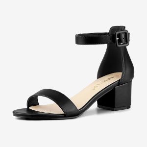 PU Open Toe Block Low Heel Ankle Strap Sandals Black/7.5 - Allegra K catalog
