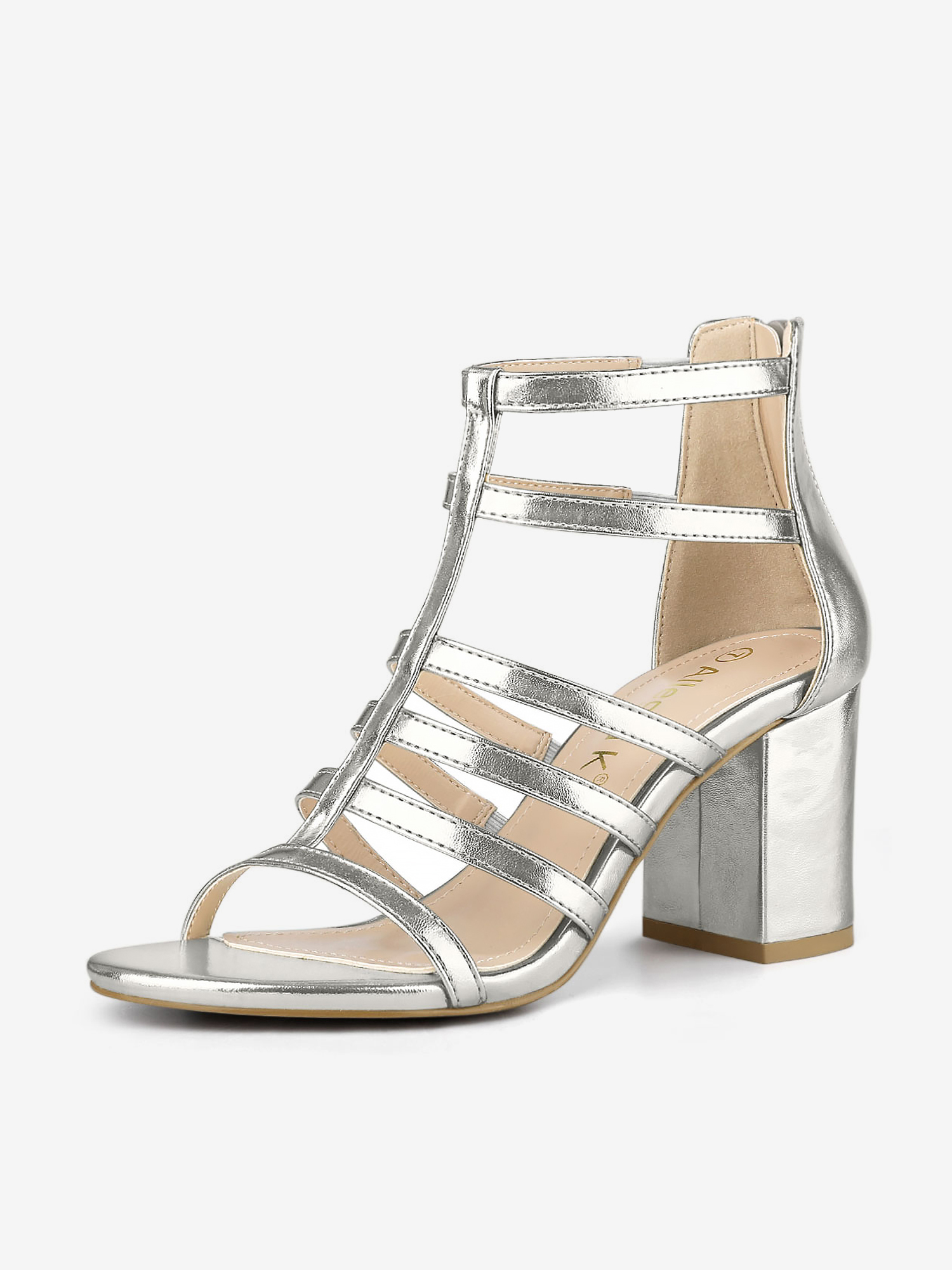 Cage Strappy Gladiators Chunky Heel Sandals Silver White/7 - Allegra K catalog
