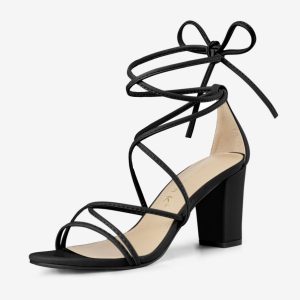 Lace Up Strappy Straps Chunky Heel Sandals Black/7.5 - Allegra K catalog