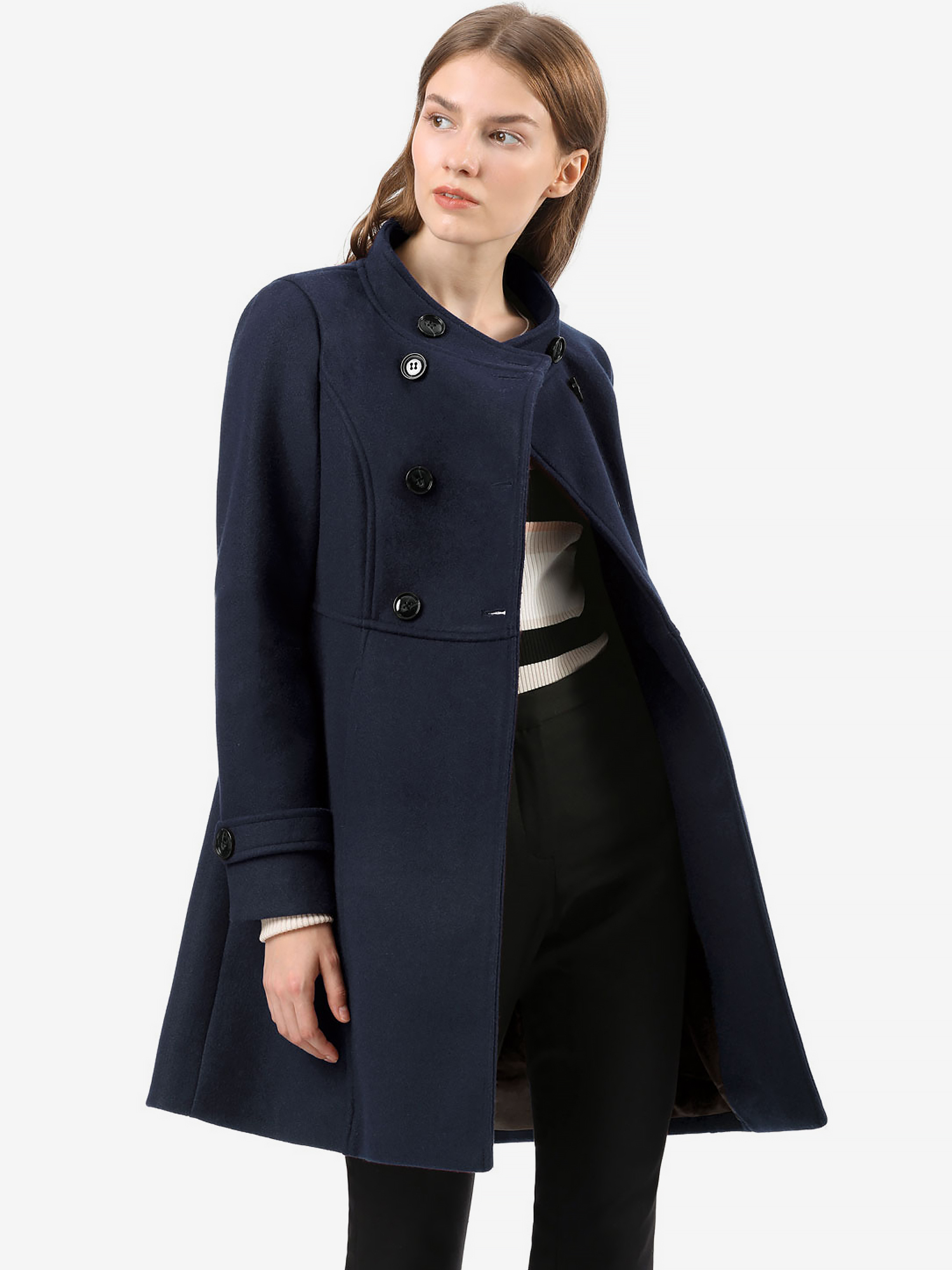 Stand Collar Double Breasted Slant Pockets Trendy Outwear Winter Coat Blue/XL - Allegra K catalog