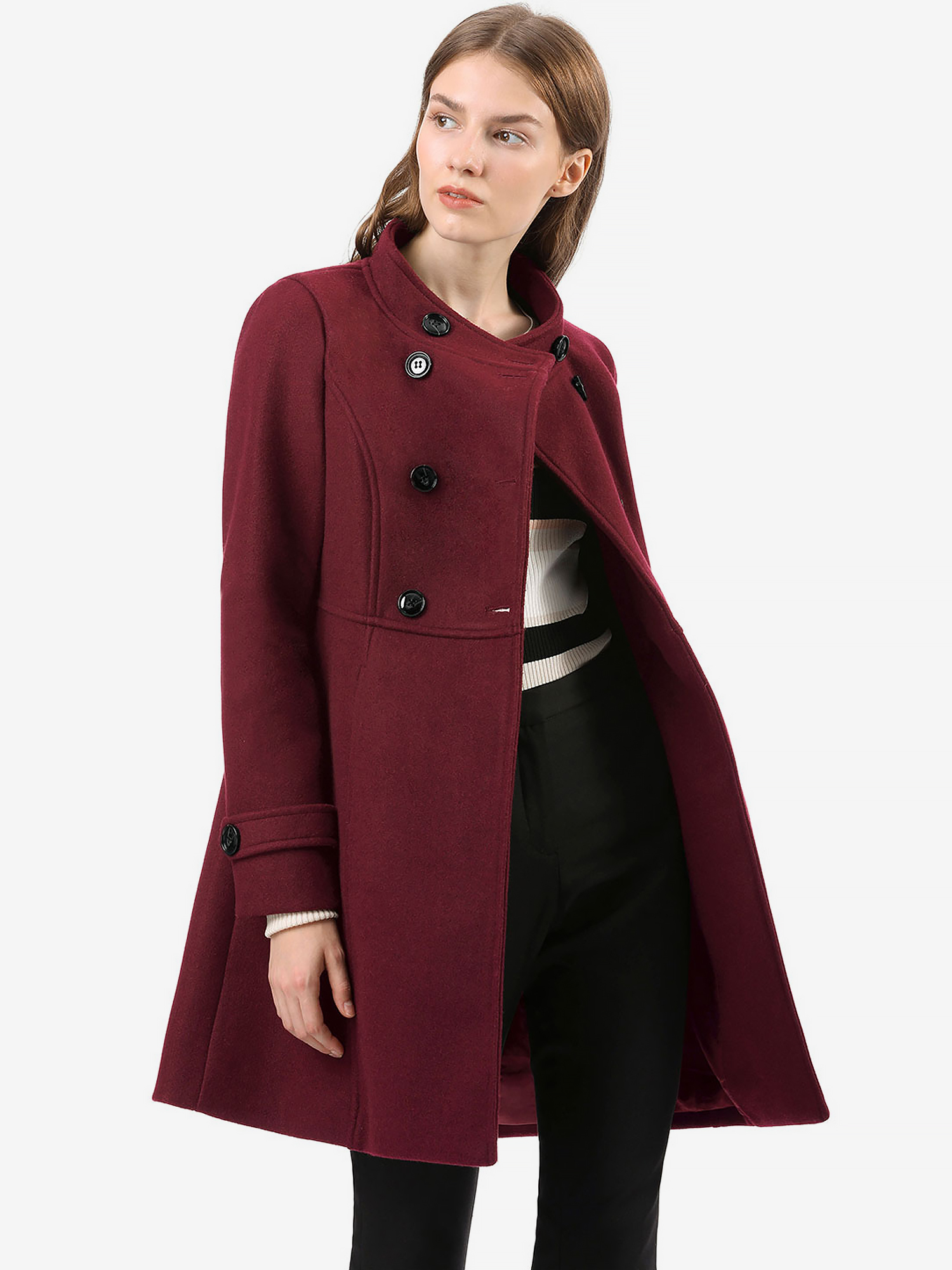 Stand Collar Double Breasted Slant Pockets Trendy Outwear Winter Coat Burgundy/S - Allegra K catalog