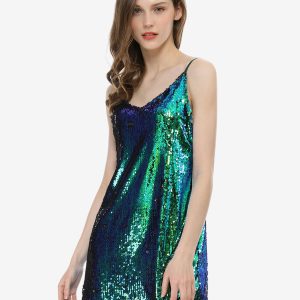 Glitter Sequin V Neck Spaghetti Strap Mini Party Dress Green/M - Allegra K catalog