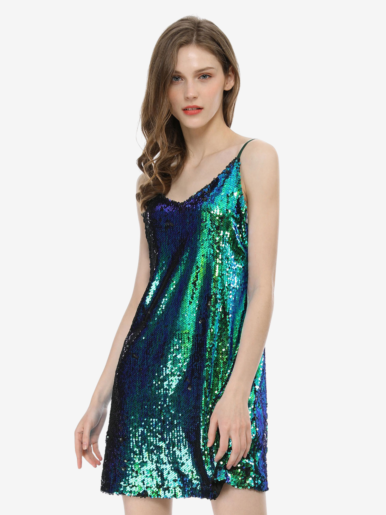 Glitter Sequin V Neck Spaghetti Strap Mini Party Dress Green/L - Allegra K catalog