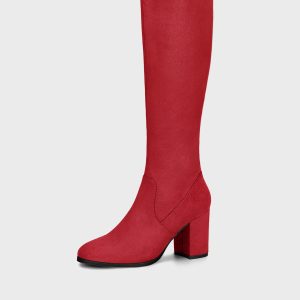 Faux Suede Side Zipper Chunky Heel Knee High Boots Red/9.5 - Allegra K catalog
