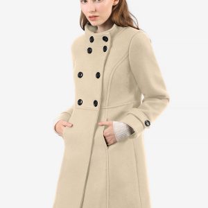 Stand Collar Double Breasted Slant Pockets Trendy Outwear Winter Coat Cream White/M - Allegra K catalog