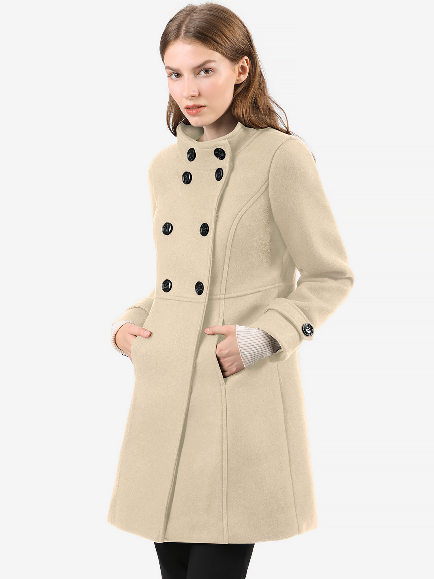 Stand Collar Double Breasted Slant Pockets Trendy Outwear Winter Coat Cream White/M - Allegra K catalog