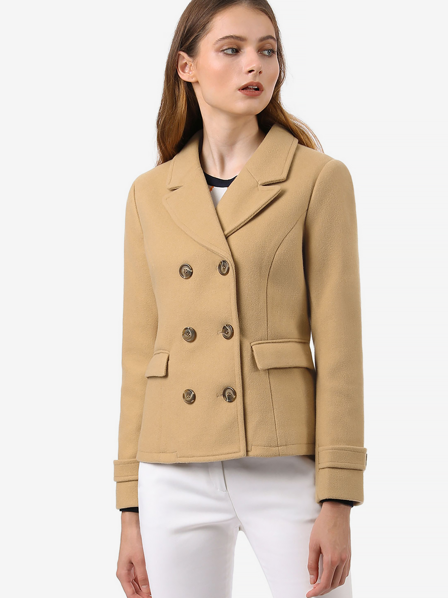 Winter Notched Lapel Double Breasted Short Pea Coat Khaki/S - Allegra K catalog