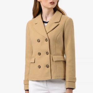 Winter Notched Lapel Double Breasted Short Pea Coat Khaki/M - Allegra K catalog