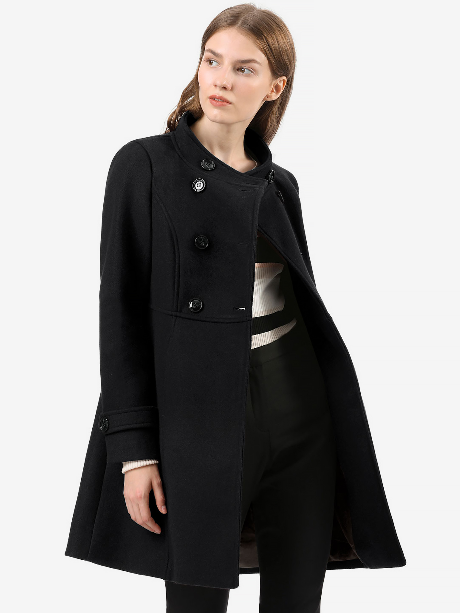 Stand Collar Double Breasted Slant Pockets Trendy Outwear Winter Coat Black/M - Allegra K catalog
