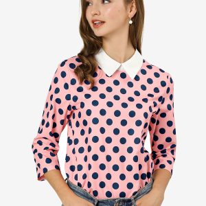 Polka Dots Contrast Peter Pan Collar Top 3/4 Sleeve Blouse Shirt Pink/L - Allegra K catalog
