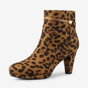 Faux Suede Round Toe Ankle Mid Block Heel Boots Leopard-1/6.5 - Allegra K catalog