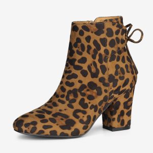 Round Toe Block Heel Zipper Lace Up Ankle Boots Leopard/5.5 - Allegra K catalog
