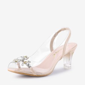 Clear Slingback Flower Rhinestone Peep Toe Heel Sandals Beige/5.5 - Allegra K catalog