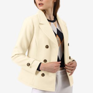 Winter Notched Lapel Double Breasted Short Pea Coat Beige/L - Allegra K catalog