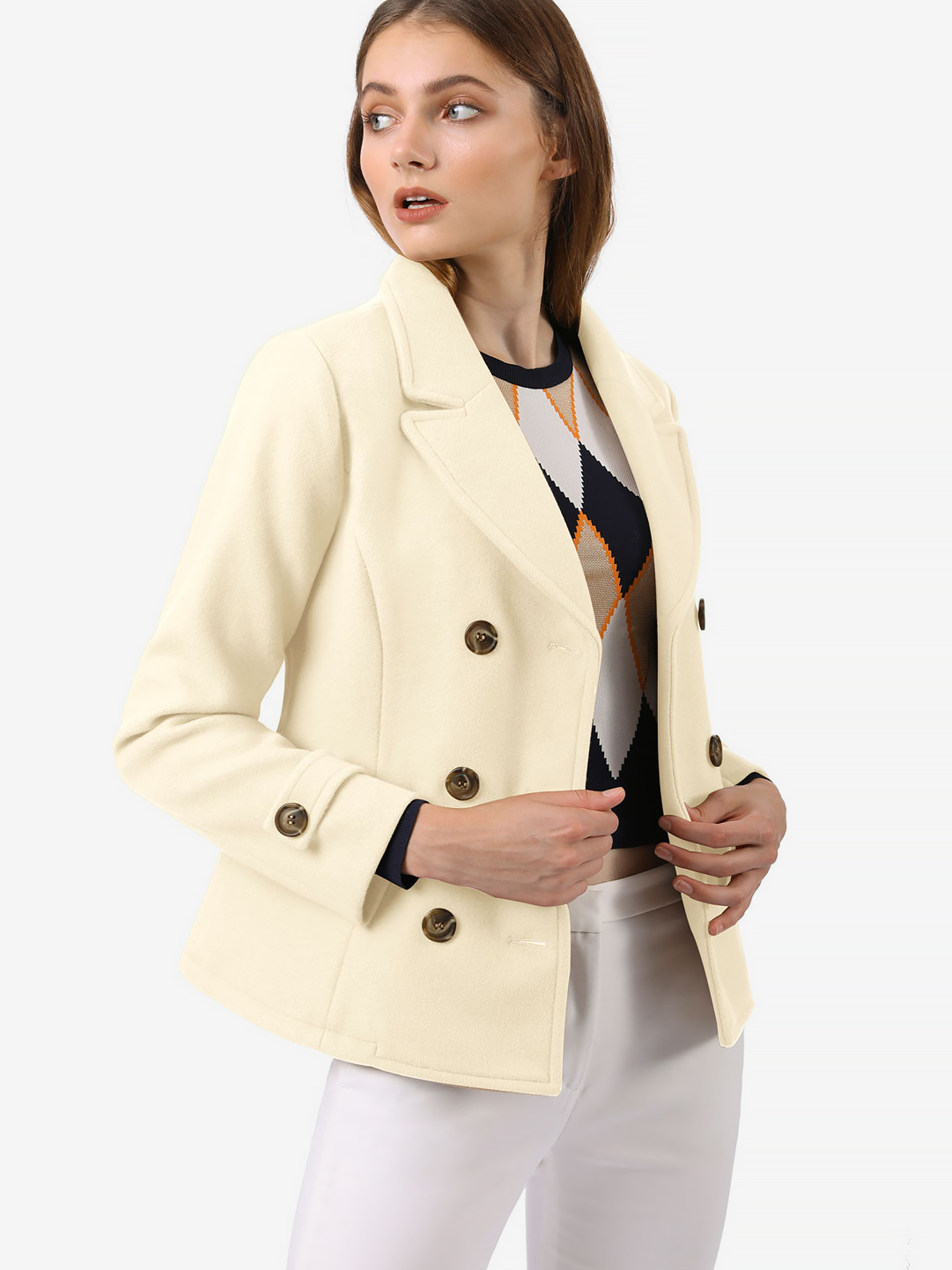Winter Notched Lapel Double Breasted Short Pea Coat Beige/XL - Allegra K catalog
