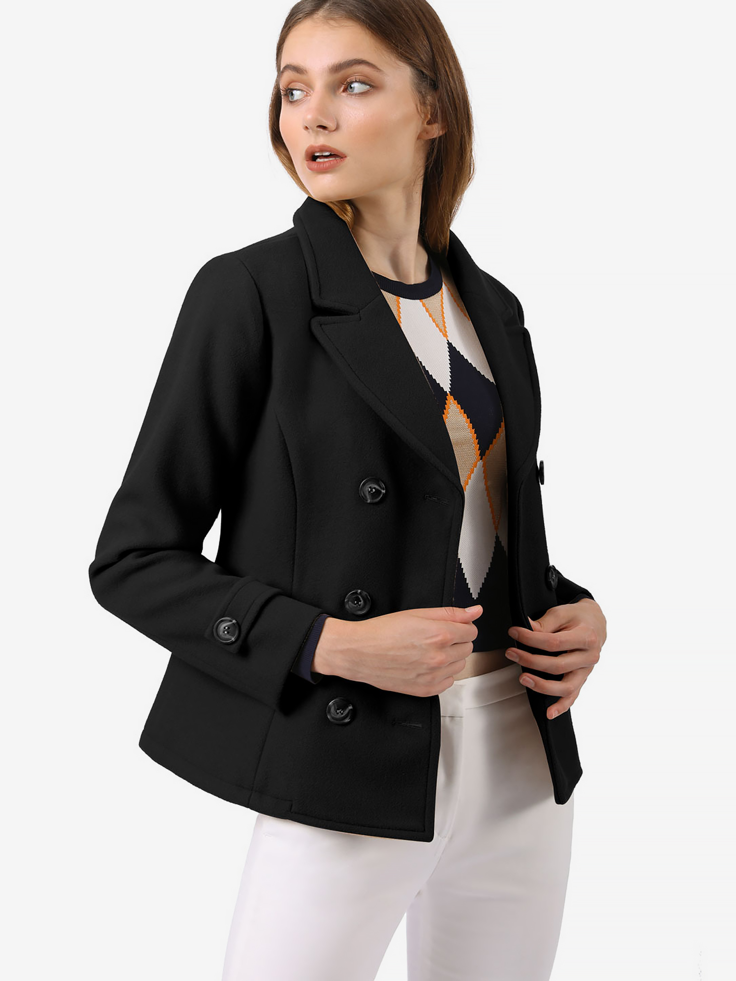 Winter Notched Lapel Double Breasted Short Pea Coat Black/XS - Allegra K catalog