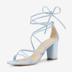 Strappy Strap Lace Up Mid Chunky Heel Sandals Sky Blue/8.5 - Allegra K catalog