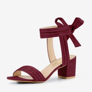 Open Toe Ankle Tie Back Block Heel Sandals Burgundy/5.5 - Allegra K catalog