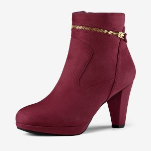 Faux Suede Round Toe Ankle Mid Block Heel Boots Burgundy/7.5 - Allegra K catalog