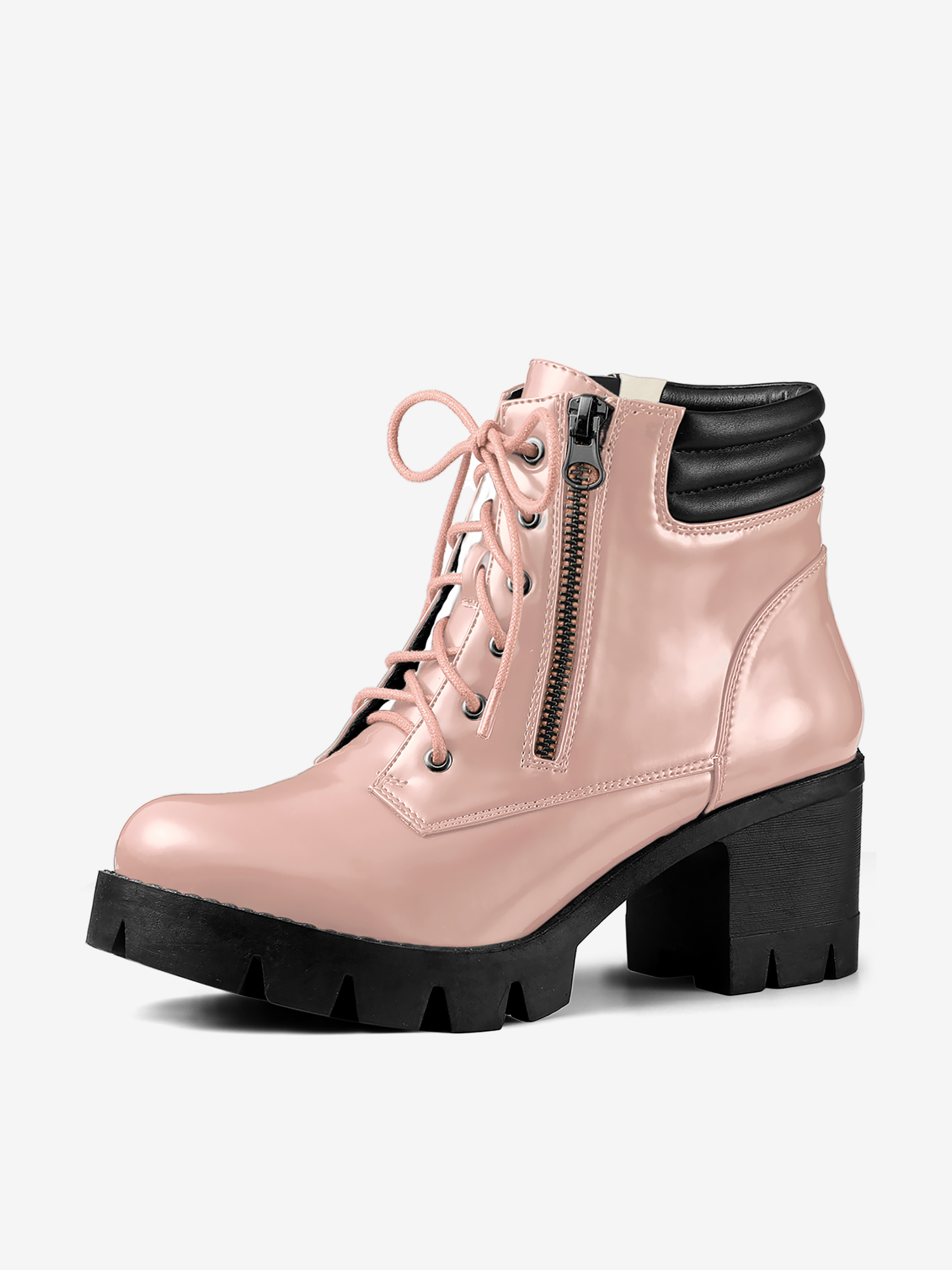 Lug Sole Zip Combat Block Heel Ankle Boots Pink/10 - Allegra K catalog