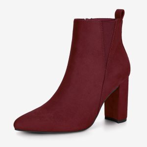 Pointed Toe Zipper Block Heel Ankle Chelsea Boots Burgundy/7 - Allegra K catalog