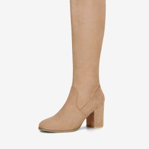 Side Zipper Faux Suede Chunky Heel Knee High Boots Khaki/7 - Allegra K catalog
