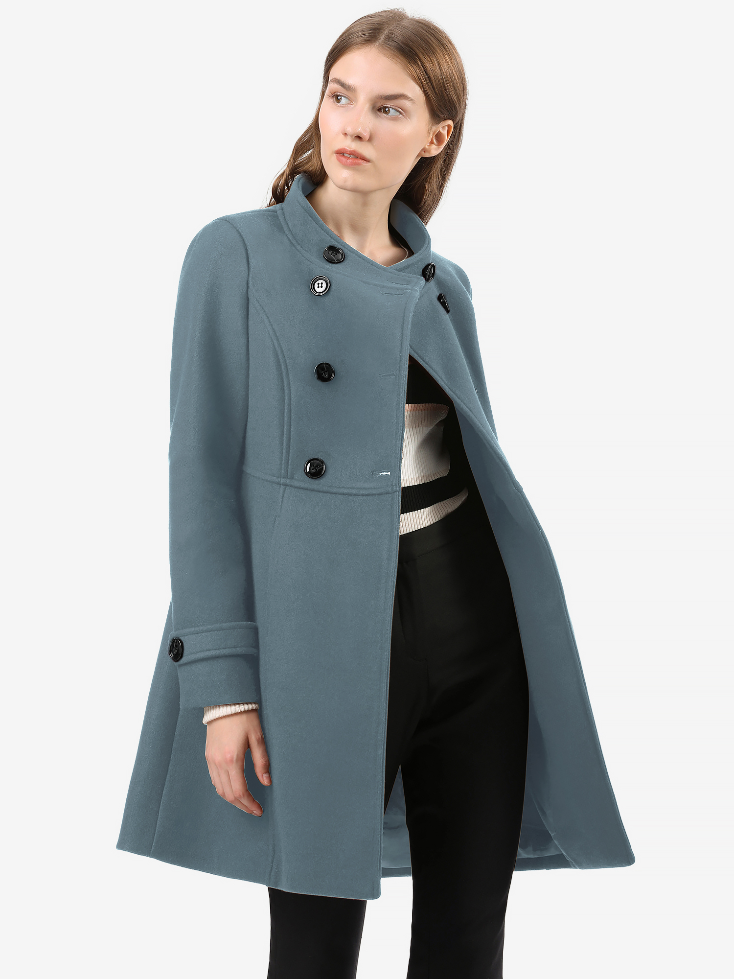 Stand Collar Double Breasted Slant Pockets Trendy Outwear Winter Coat Oxford Blue/S - Allegra K catalog