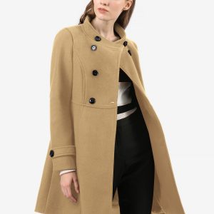 Stand Collar Double Breasted Slant Pockets Trendy Outwear Winter Coat Khaki/XS - Allegra K catalog