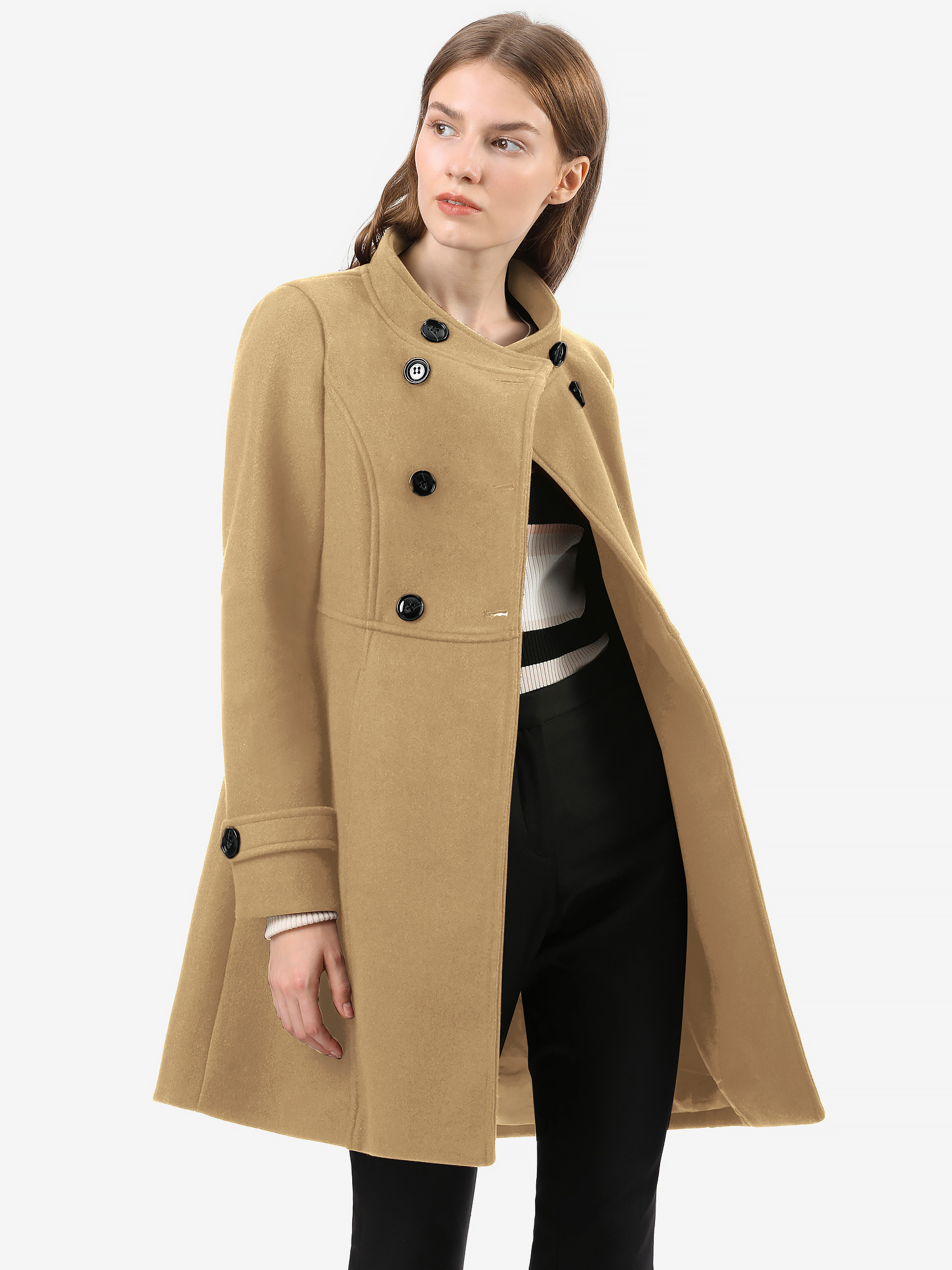 Stand Collar Double Breasted Slant Pockets Trendy Outwear Winter Coat Khaki/XS - Allegra K catalog