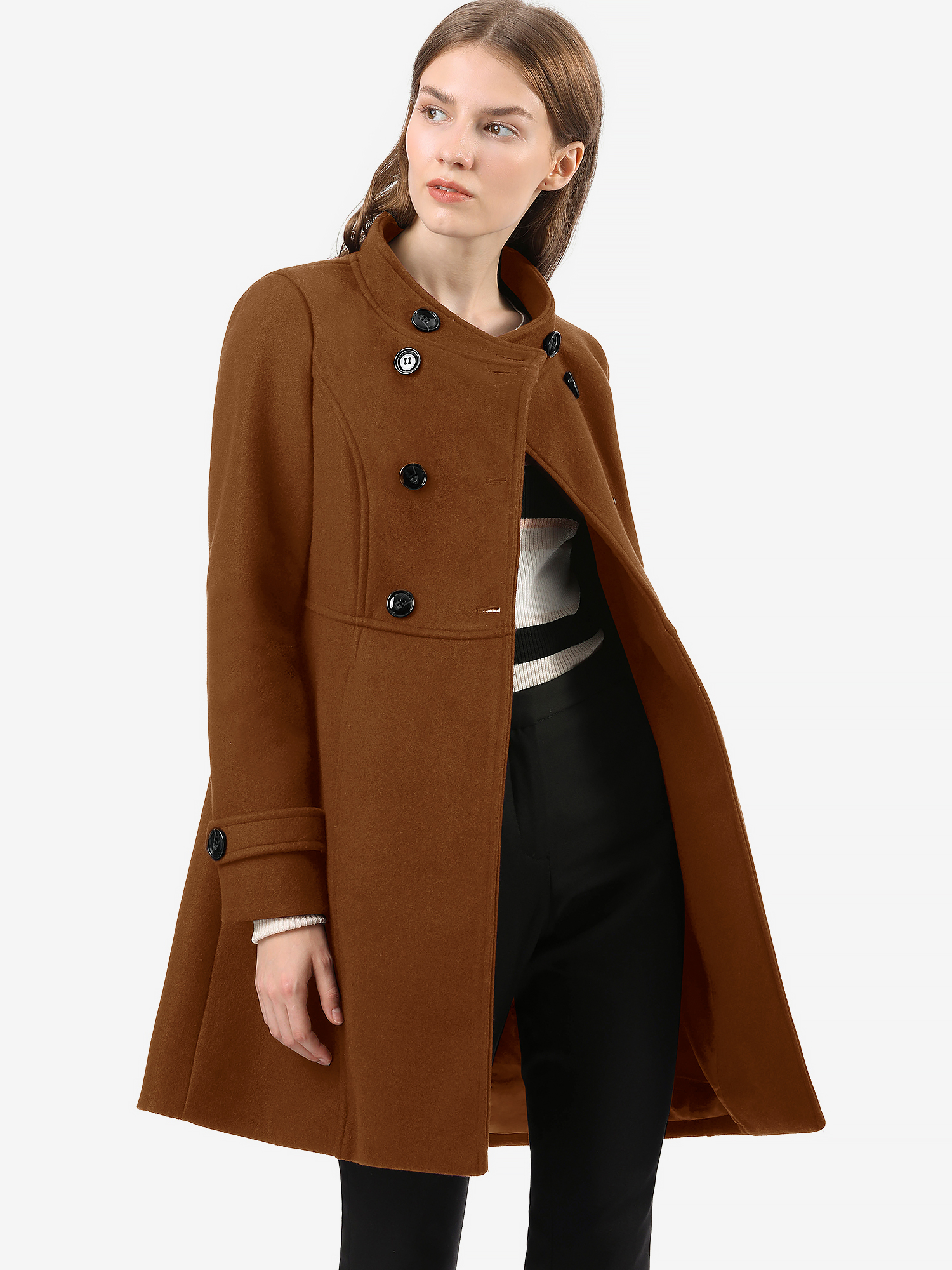 Stand Collar Double Breasted Slant Pockets Trendy Outwear Winter Coat Deep Brown/XS - Allegra K catalog