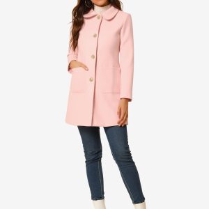 Turn Down Collar Single Breasted Winter Outwear Trench Coat Pink/L - Allegra K catalog
