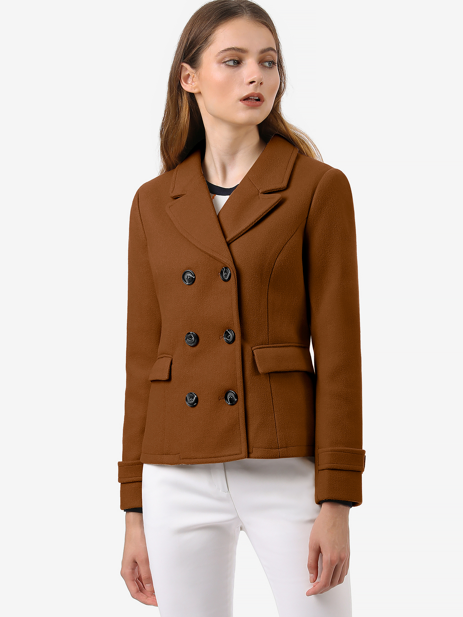 Winter Notched Lapel Double Breasted Short Pea Coat Dark Brown/S - Allegra K catalog