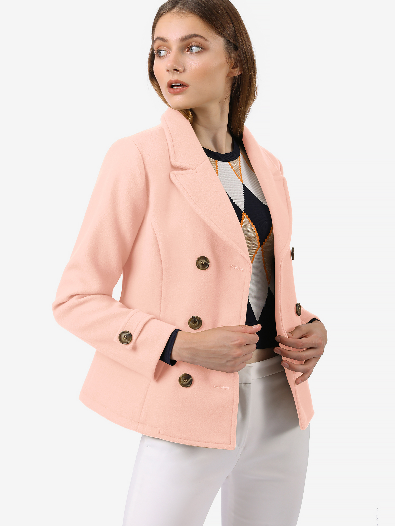 Winter Notched Lapel Double Breasted Short Pea Coat Pink/XL - Allegra K catalog