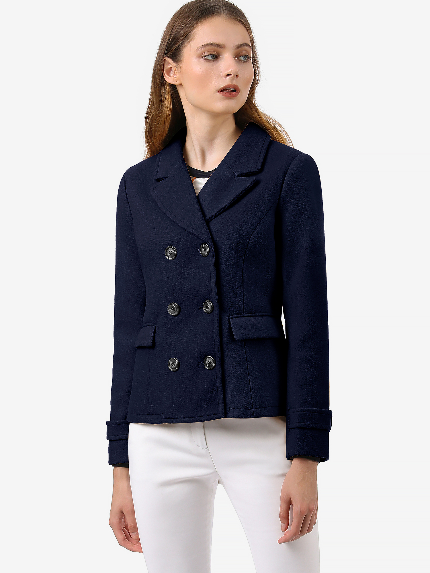 Winter Notched Lapel Double Breasted Short Pea Coat Dark Blue/L - Allegra K catalog