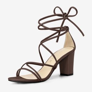 Lace Up Strappy Straps Chunky Heel Sandals Coffee/9 - Allegra K catalog