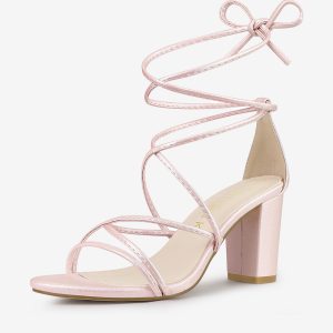 Lace Up Strappy Straps Chunky Heel Sandals Bling Pink/6 - Allegra K catalog