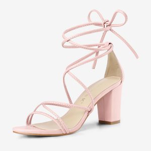 Strappy Strap Lace Up Mid Chunky Heel Sandals Pink/7.5 - Allegra K catalog