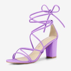 Strappy Strap Lace Up Mid Chunky Heel Sandals Lavender/9 - Allegra K catalog