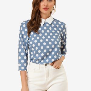 Polka Dots Contrast Peter Pan Collar Top 3/4 Sleeve Blouse Shirt Dusty Blue/XL - Allegra K catalog