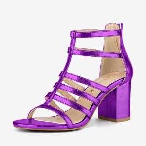 Cage Strappy Gladiators Chunky Heel Sandals Purple/7 - Allegra K catalog