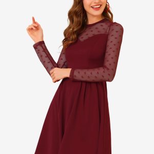 Heart Mesh Sheer Long Sleeve Gothic Cocktail Skater Mini Dress Burgundy/M - Allegra K catalog